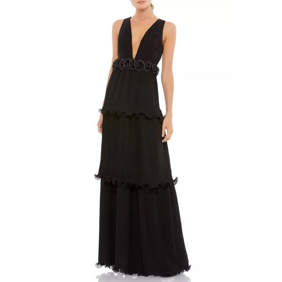 Mac Duggal Dresses & Skirts - Mac Duggal Women's Black Ruffle Rosette Pleated Gown Size 12 Formal Maxi FLAW
